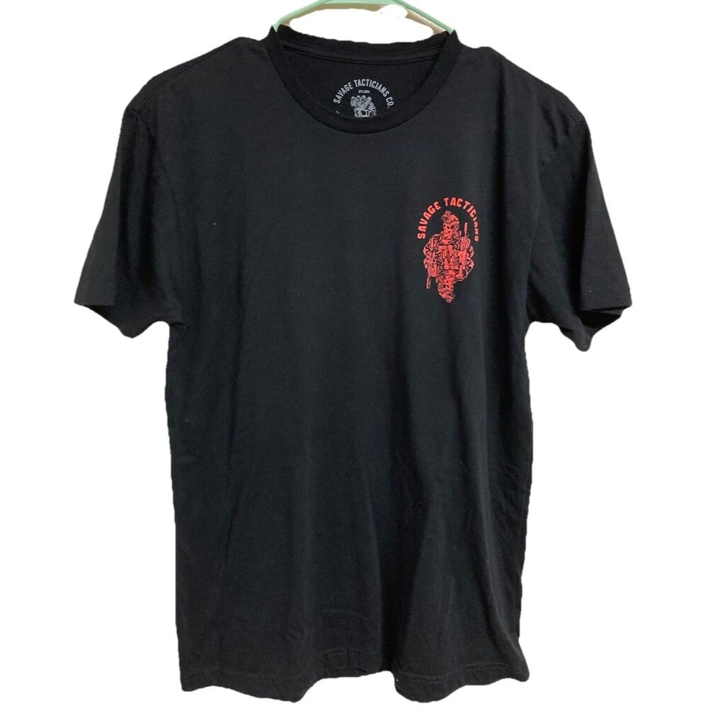Men's Savage Tacticians T-shirt Graphic Print Skeleton Soldier SS Black Sz Med.